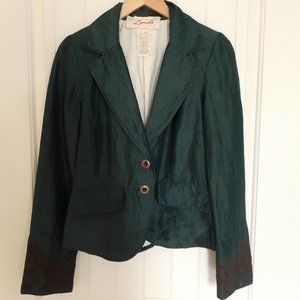 Modcloth Louche Silk Linen Embroidered 2-Button Blazer Teal Green Size 8